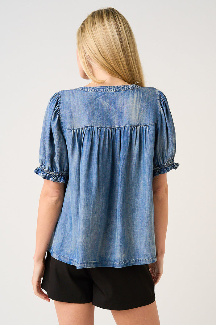 Washed Tencel Chambray Ruffle Puff Sleeve Top