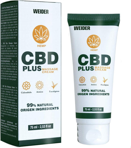 Weider Anti-inflammatory CBD Massage Cream 75ml jar, used for pain and stiffness relief, featuring natural CBD ingredients.