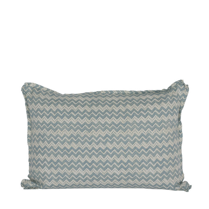 Rectangular lumbar pillow with blue and white zigzag pattern and soft fabric texture.