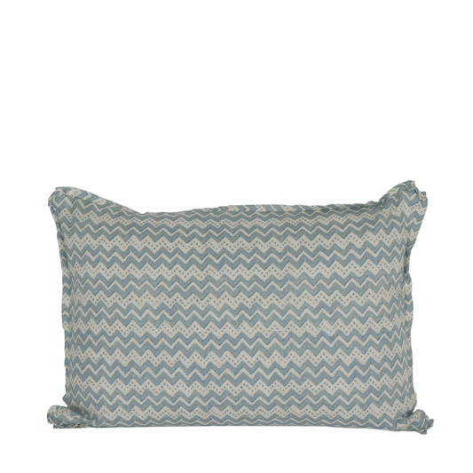 Rectangular lumbar pillow with blue and white zigzag pattern and soft fabric texture.